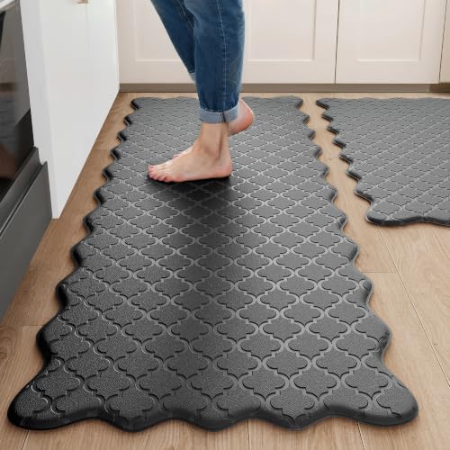 Arenarug Upgrade Scalloped Kitchen Mats for Floor 2PCS, Black Kitchen Rugs