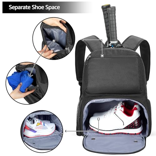 DSLEAF Tennis Backpack Holds 2 Rackets, Tennis Bag with Separate Ventilated Shoe Compartment for Pickleball Badminton Squash Sports, Black - Image 2