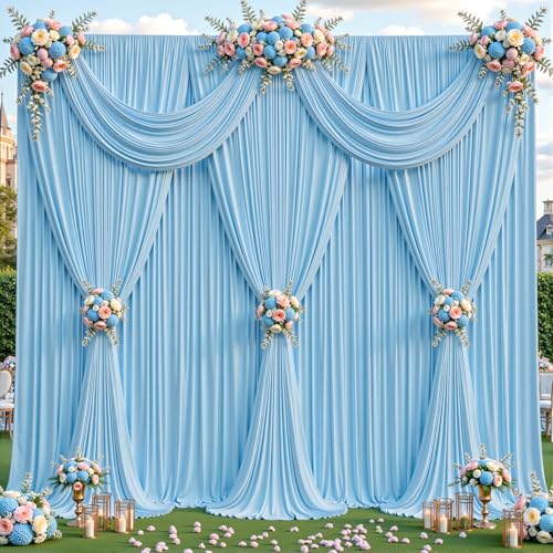 4 Panels Baby Blue Backdrop Curtains - Wrinkle Free Fabric Backdrop Curtain for Photoshoot, 10FT Wedding Party Photo Backdrop Drapes for Birthday Baby Shower Photography Stage Background Decorations