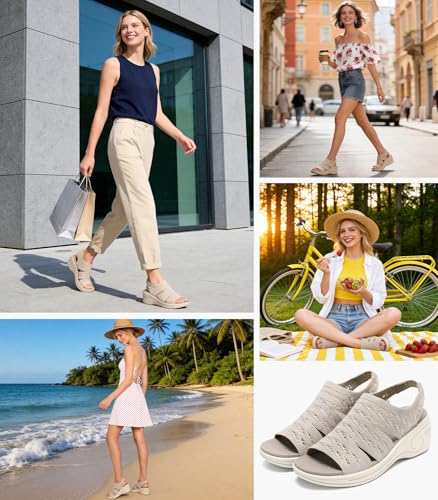 Image of Womens Wedge Sandals Platform Walking Sandals Open Toe Ankle Elastic Strap Casual Comfortable Summer Dressy