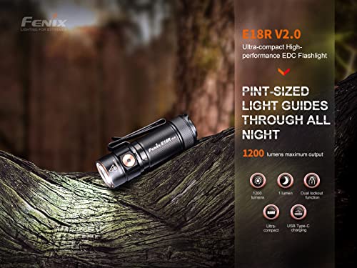 Fenix E18R V2.0 Edc Flashlight, 1200 Lumens Usb-C Rechargeable Ultra Compact Pocket Light With Lumentac Organizer #TOP2