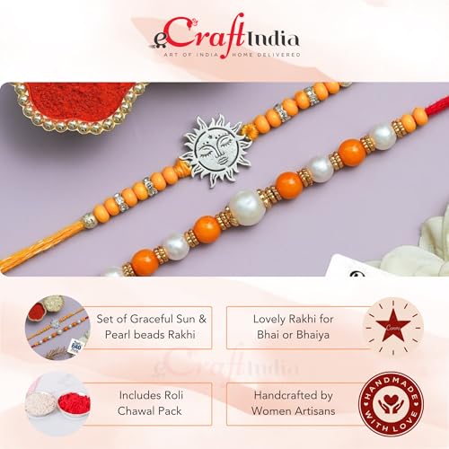 Image of eCraftIndia Sun Beads Rakhi Set of 2 | Rakhi for Brother Bhaiya Bhai with Best Bro Ever Fridge Magnet | Roli Chawal Pack