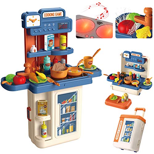 Kinderküche, 4 in 1 Trolley Koffer Spielküche inkl. Kochfeld mit Sound und Licht, Wasserhahn mit Wasser-Pump-Funktion…