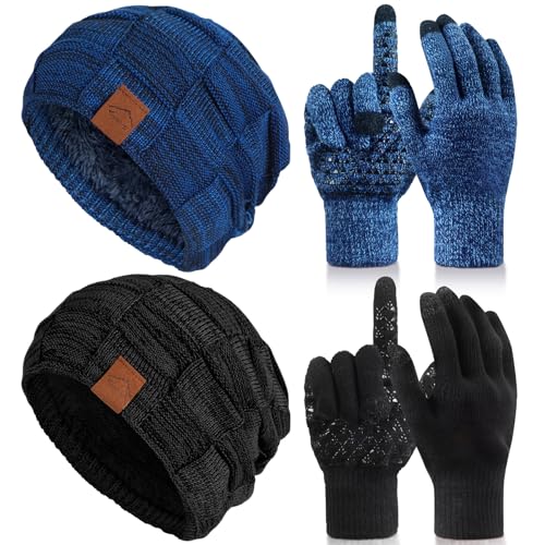Bonnet d'hiver pour homme et gants doublés tricot épais lot de 4