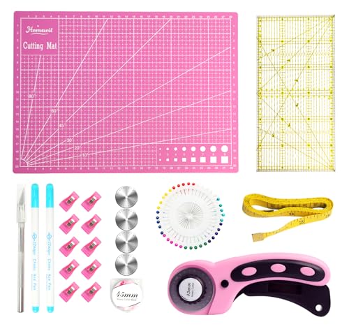 Homewit Kit de découpe rotatif pour tissu 45 mm avec 5 lames de rechange, tapis de découpe A4, règle patchwork, pinces à coudre, épingles et outil de sculpture, roue de coupe rotative pour tissu pour Homewit Kit de découpe rotatif pour tissu 45 mm avec 5 lames de rechange, tapis de découpe A4, règle patchwork, pinces à coudre, épingles et outil de sculpture, roue de coupe rotative pour tissu pour