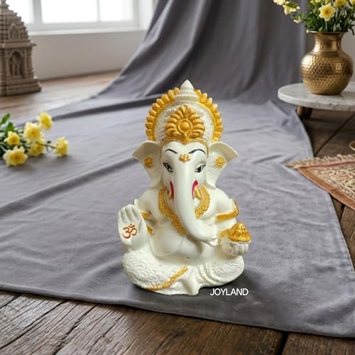 Image of JOY LAND Lord Ganesha Car Dashboard Idol | White & Gold Ganesh Murti for Car Dashboard, Home & Office Decor (Off White)
