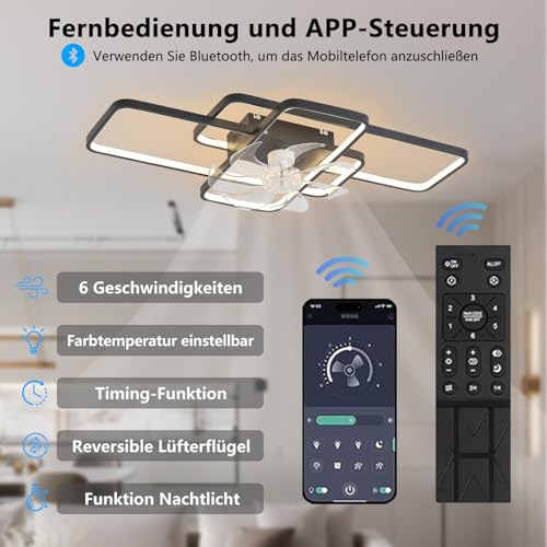 Ventilateur de plafond LED 80W noir de 72cm avec éclairage variable et télécommande