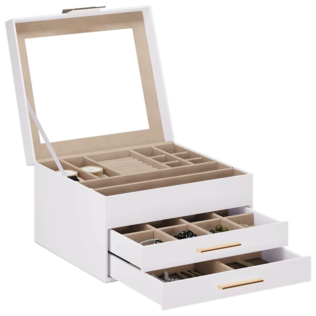 Biała szkatułka na biżuterię z 3 warstwami z poliuretanu i aksamitu, 23 x 20,5 x 14 cm, 2 szuflady, z uchwytem na pierścionki i przegródkami na kolczyki, łańcuszki, bransoletki, toaletkę i