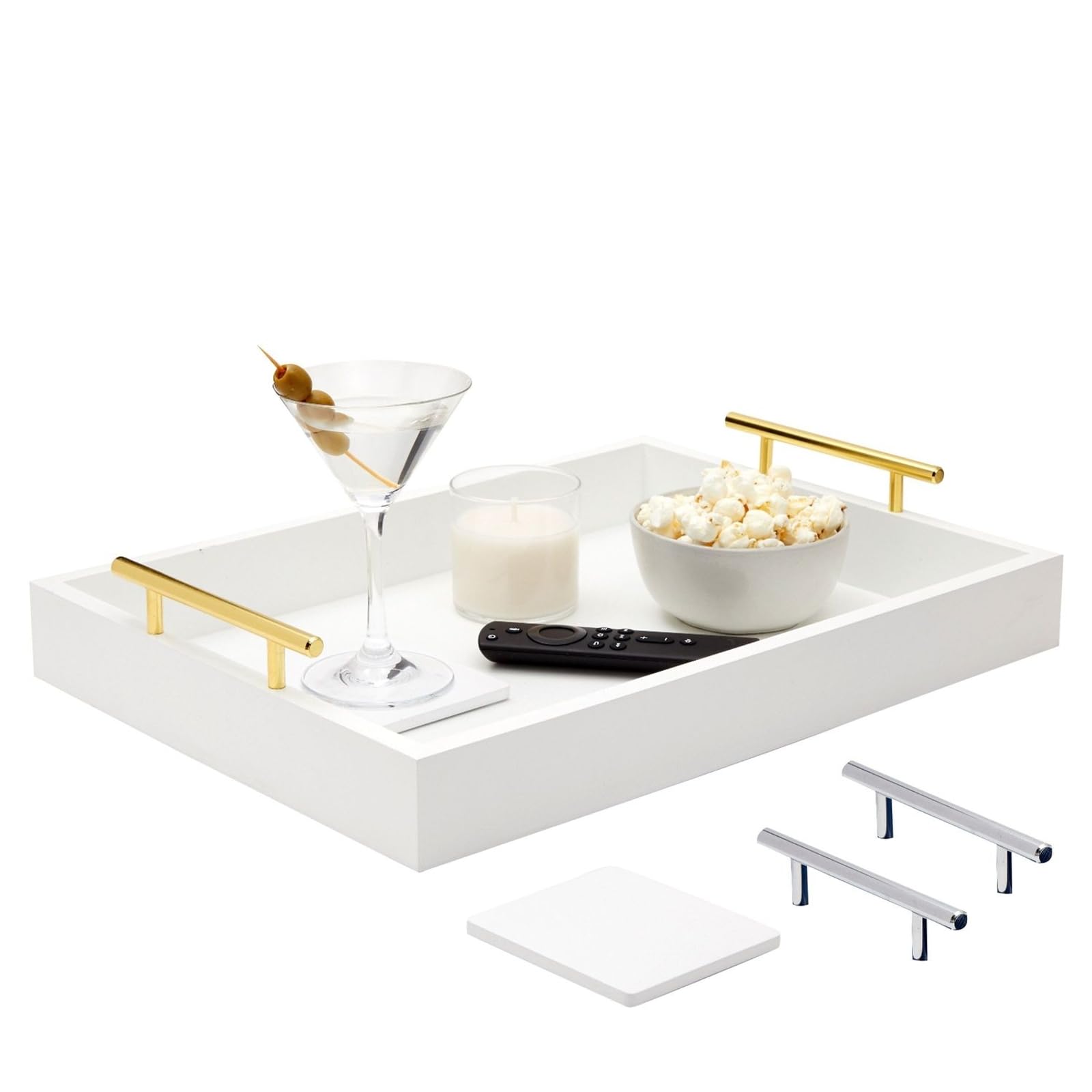 Bandeja de madera blanca con asas y posavasos (39,8 x 30 x 7,6 cm), color blanco