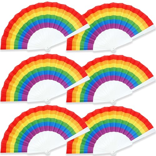 6 Pack Rainbow Folding Fans Pride Decorations Pride Fan Gay Lesbian Wedding Pride Decor LGBT Pride Month Parade Accessories Party Favors Stuff Hand Fans for Women Men, Horizontal Rainbow White