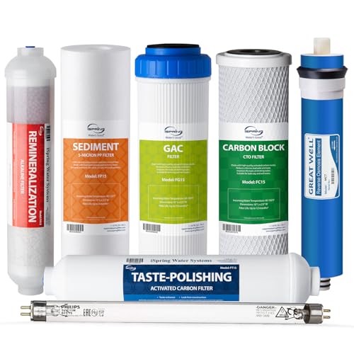 Image of iSpring F7KU75 NSF Certified Replacement Under-Sink Water Filter Cartridges Set for 7-Stage 75 GPD Membrane Reverse Osmosis RO Water Filtration Systems with Alkaline Mineral Filter and UV Bulb