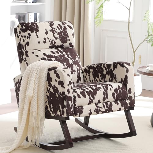 Image of HCHAIRH Rocking Chair Nursery with Foot Rest, Nursing Rocking Chairs for Mom Nursery, Rocker Glider with High Backrest for Living Room, Bedroom, Cow Printed