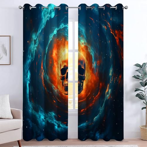 CozyRest Blackout Curtain for Living Room - Ocean Vortex Skull Galaxy Fantasy Curtain Eyelet Top Thermal Door Curtains Silver Wave Line Foil Printed Curtains, W 66" x L 72"