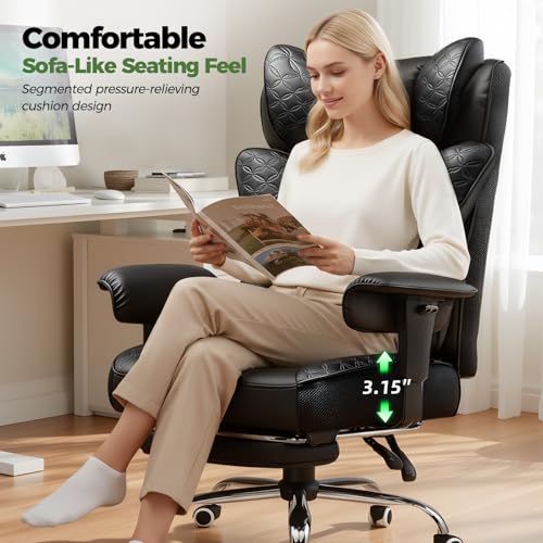 Image of GTPLAYER Big and Tall Office Chair Wide Ergonomic Gaming Chair with Deluxe Embossing Designed Leather with Foot Rest,150Reclining Adjustable Soft Armrests Pocket Spring Back Support and Pillow