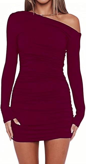 YOXUA Womens Elegant Sexy Off Shoulder Dress Long Sleeve Bodycon Ruched Formal Cocktail Party Mini Dresses