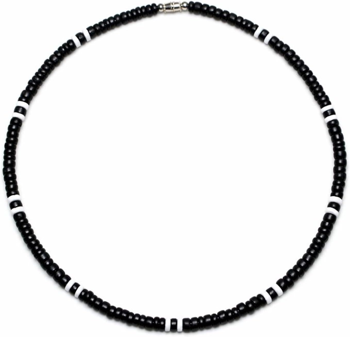Black Coco Wood White Clam Heishe Puka Shell Surfer Necklace from The Philippines - 5mm (3/16")