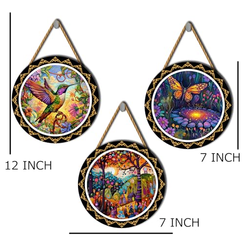 Image of GENXTRA Set of 3 Round Wooden Wall Hanging Decor | Vibrant Nature Art with Hummingbird, Butterfly & Fantasy Garden | Decorative Wall Art for Living Room, Bedroom & Office | Ideal Diwali & Housewarming Gift