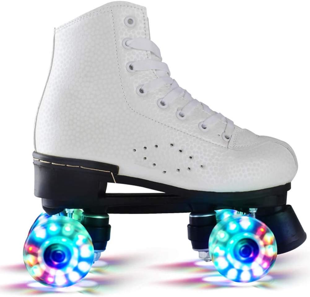 Figure Quad Skates Skating, Quad Indoor/Outdoor Roller Skates Adult Youth Unisex,White Full Flash,36