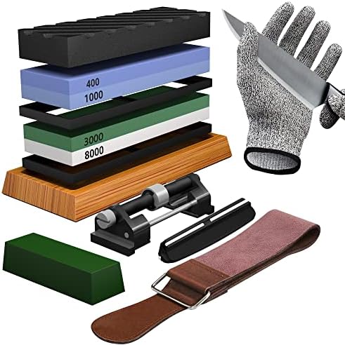 Knife Sharpening Stone Set - Premium 4 Side Grit 400/1000 3000/8000 Whetstone Sharpener Kit - Non-Slip Bamboo Base,Cut Resistant Gloves, Angle Guide,Flatting Stone,Honing Guide,Leather Strop
