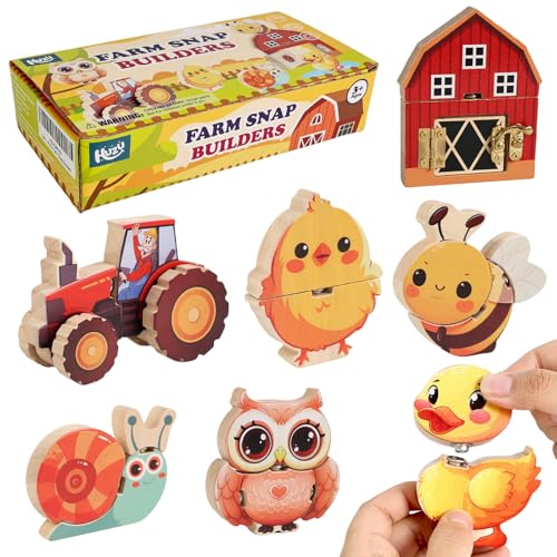 HUZU Farm Snap Wooden Blocks – Montessori Building Toy for Kids Ages 3-8, Features Tractor with Moving Wheels, Barn with Lockable Door, and Mix & Match Farm Animals Like Duck, Bee, Owl, Chick & Snail