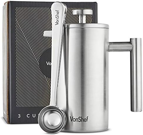 VonShef 3 Cup Cafetiere, 350ml Double Walled Stainless Steel French Press with 2-in-1 Measuring Spoon Bag Sealing Clip, Durable Filter Coffee Maker