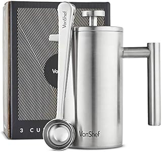 VonShef 3 Cup Cafetiere, 350ml Double Walled Stainless Steel French Press with 2-in-1 Measuring Spoon Bag Sealing Clip, Durable Filter Coffee Maker