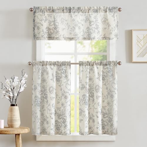 JINCHAN jinchan Grey Floral Linen Kitchen Tier Curtains and Valance Set 3 Pieces