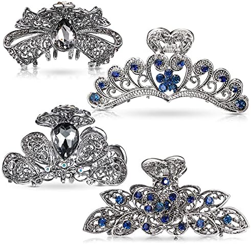 4 Pieces Metal Hair Clips Large Vintage Flower Hair Claw Jaw Clips Non-Slip Metal Rhinestone Hair Claw Jaw Clips Barrette Accessories for Women Girls