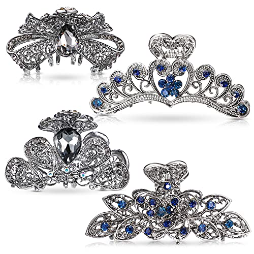4 Pieces Metal Hair Clips Large Vintage Flower Hair Claw Jaw Clips Non-Slip Metal Rhinestone Hair Claw Jaw Clips Barrette Accessories For Women Girls #TOP8