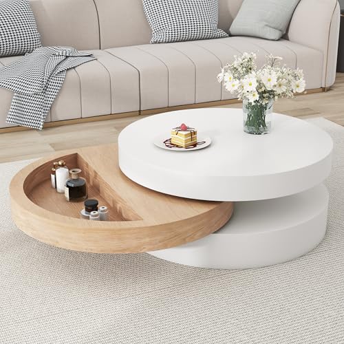 BTM Table Basse cylindrique de 60 x 60 x 35,1 cm, Plateau pivotant à 360°, Table de Salon pivotante, Console à Trois Niveaux, Trois étagères, Charge de 30...
