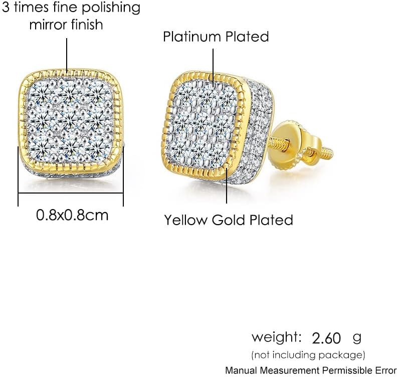 QUSIIOSLK 18K Gold Plated Square Earrings 925 Sterling Silver Screw Back Stud for Men Iced Out Cubic Zirconia Hip Hop Rock Full Diamond Earrings Jewelry Gifts Hypoallergenic - Image 2