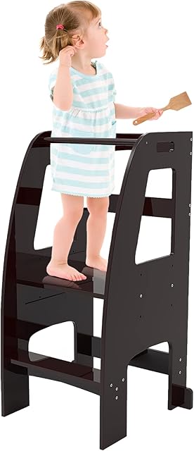 Kitchen Helper Stand Toddlers Wooden Learning Tower for Kitchen Adjustable Three levels Kitchen Tower Dark Brown