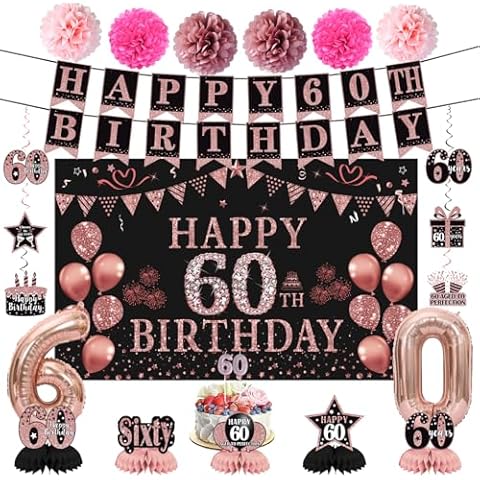 Trgowaul 60th Birthday Decorations for Women, 21pcs Rose Gold Happy Birthday Party Supplies, Backdrop, Hanging Swirl Flag, Birthday Balloons, 60 Year Old Birthday Set Cover