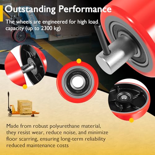 Image of Pallet Jack Wheels Kit for Most Hand Pallet Jacks- Complete Set with Steering Wheels 7 inchx 2 inch Pair, Load Roller 3 inch x 3.75 inch Pair, Entry Exit Rollers, Axles, Tools & Hardware - Red Polyurethane