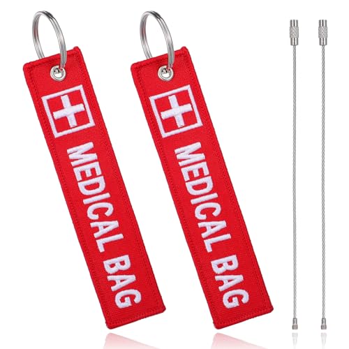 ElevateTech Medical Alert Tags for Bag, 2 Pcs Medical Equipment Device Luggage Id Tag Double-Sided Travel Bags Tags Reusable Red Bags Keychain Label for Backpack Luggage Suitcase Purse, Red