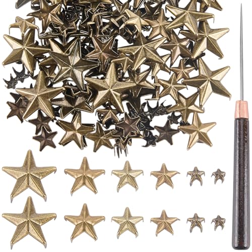 CALFOVERA 150PCS 6 Size 0.5 to 2cm Metal Star Studs Pressed Punk Claw Beads Rivets 5 Claw Tone Hand Studs Cap Nail Head with Large Eye Needles for DIY Leather Clothing Bag Shoes(Bronze)