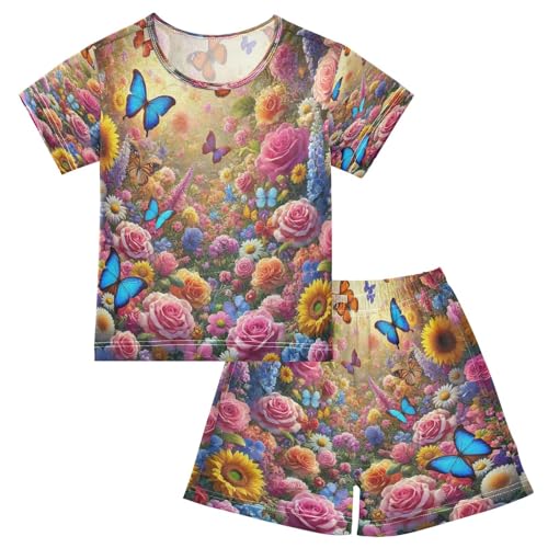 Butterflies Flowers Pajama Set Short Sleeve Summer Pajamas Sleepwear Nightwear Set Cotton 5Y