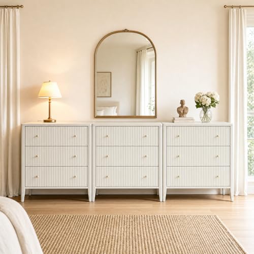 Image of Fatmok Fluted 3 Drawer Dresser for Bedroom Set of 3, 34 inch Wide Chest of Drawers, Modern Wood Nightstand End Table with Metal Handles, Striped Storage Cabinet for Living Room, Hallway, Alabaster White