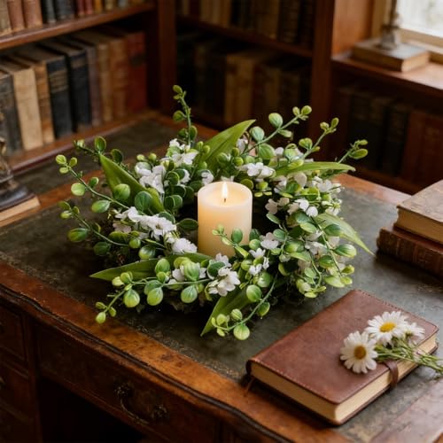 Image of 6 Pcs Green Boxwood Candle Rings Wreaths Mini Spring Summer Forsythia Wreath for Front Door Artificial Rings Wreaths with White Flowers for Pillar Porch Wall Window Farmhouse All Seasons Decor