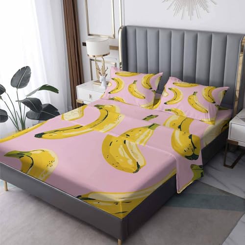 zcsm Banana Sheets King Size - Pink Tropical Fruit Bed Sheets, Soft Microfiber & Deep Pocket & Wrinkle Free Patterned Bedding Sheets & Pillowcases, 1 Fitted Sheet, 1 Flat Sheet, 2 Pillow Cases