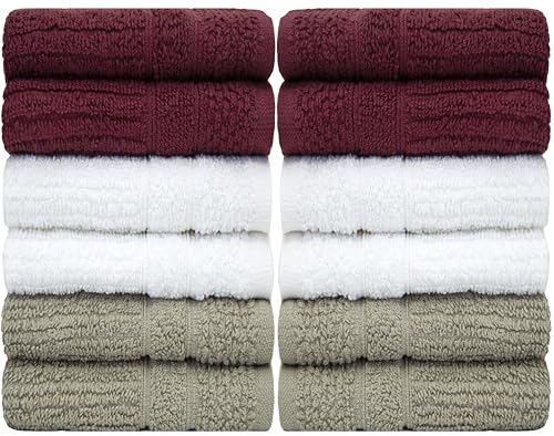 Image of PH Pleasant Home Ribbed Wash Cloths Set - 12 Pack (12 inch x 12 inch) - 509 GSM - 100% Ring Spun Cotton Wash Cloth - Super Soft and Highly Absorbent Face Towels (Maroon, White & Tan)