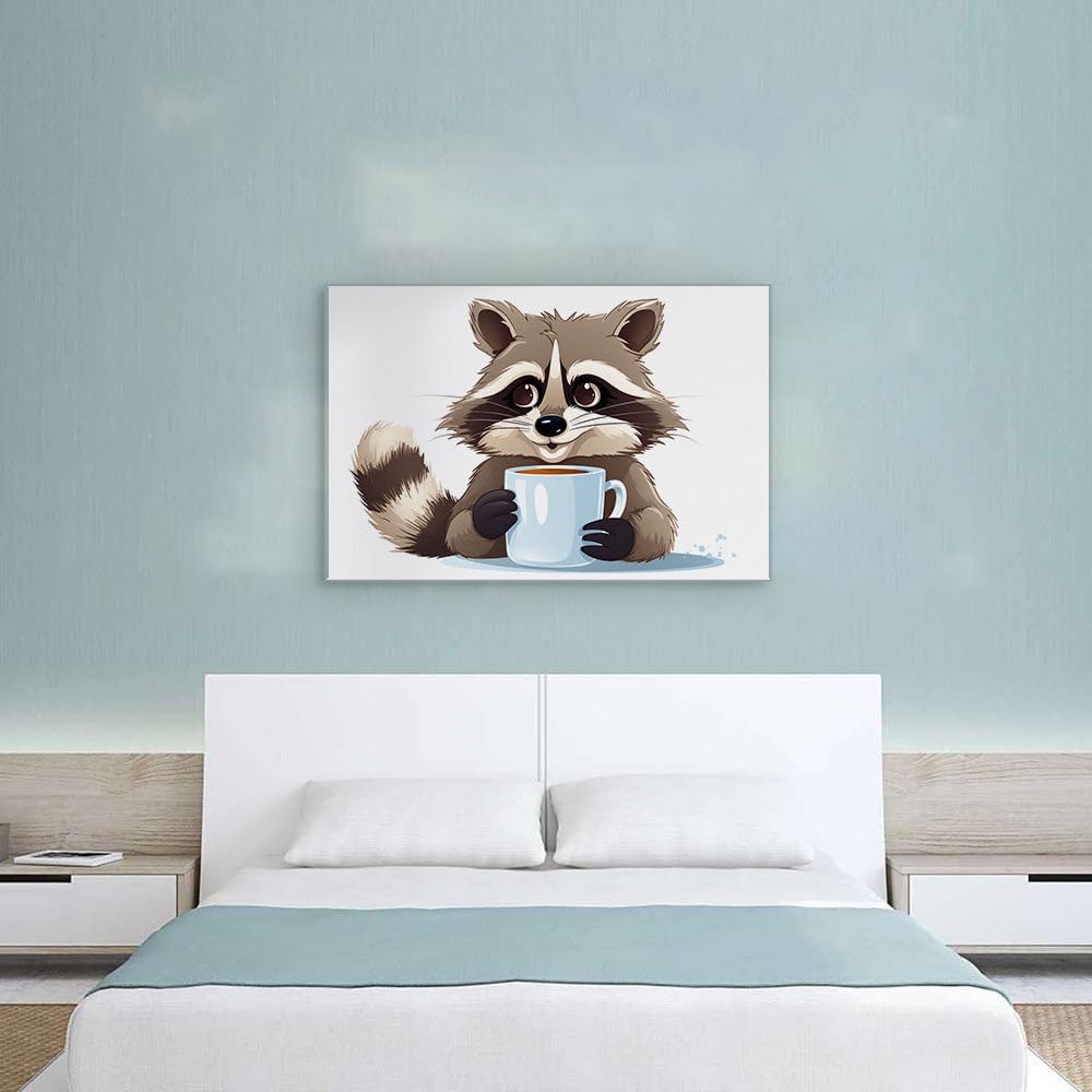Canvas for Living room. Cuddly Cartoon Raccoon Enjoys Coffee in Warm Comfy Ambiance, 27 x 18 inch Canvas Wall Art - Abstract By Atmosphere - Fun Home Decor