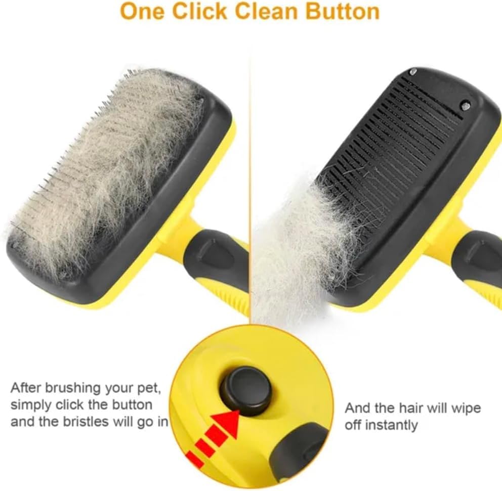Self Cleaning Slicker Brush for Dogs & Cats, Grooming Comb Suitable for Long or Short Coats, Removes Mats, Tangles & Loose Fur, Reduces Shedding & Prevents Hair Mess, Yellow