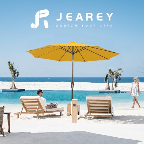 Image of JEAREY 9FT Outdoor Patio Umbrella Outdoor Table Umbrella with Push Button Tilt and Crank, Market Umbrella 8 Sturdy Ribs UV Protection Waterproof for Garden, Deck, Backyard, Pool (Bright Orange)