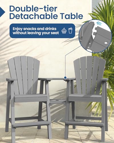 Ciokea Tall Adirondack Chairs Set of 2, HDPE Outdoor Adirondack Bar Stools with Double Connecting Tray, Weather Resistant High Back Adirondack Balcony Chairs for Deck, Lawn, Pool, Backyard, Grey - Thumbnail 4