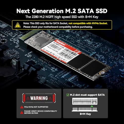 Image of KingSpec 2TB M.2 SATA 2280 SSD NOT for NVMe Slots, Upgrade for Laptop /Desktop, SATA III 6Gb /s, B+M Key, Up to 550MB /s