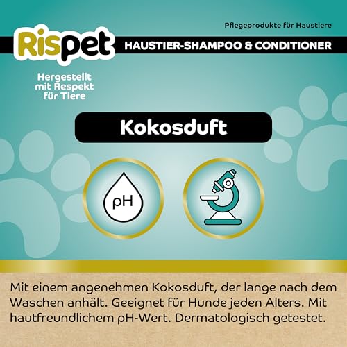 RISPET Shampoo und Spülung, Kokosnuss und Keratin, Reinigungs- und Desinfektionsmittel für Hunde und langhaarige Tiere, Zarte Formel ohne Allergene und ausgeglichener pH-Wert, Kokosnussduft, 370 ml