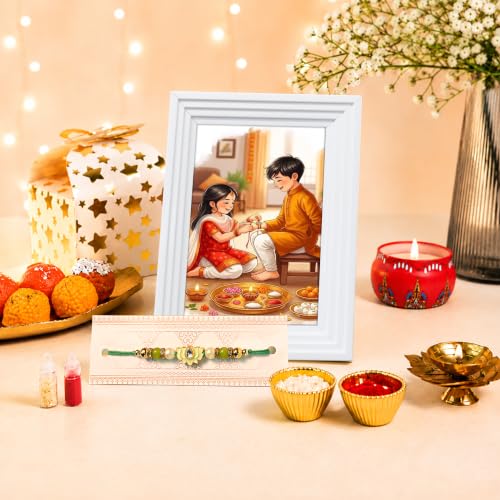 Image of Art Street Table Rectangular Photo Frame with Lotus Floral Rakhi, Plexi Glass, Engineered Wood Step Photo Frame for Home and Office Decoration Tabletop (White, Size- 4x6 Inch)