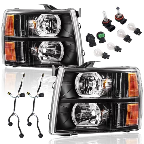 Reinko Headlight Assembly Set Compatible with 2007 2008 2009 2010 2011 2012 2013 Chevy Silverado 1500, 07-14 Silverado 2500HD 3500 Headlamp W/Wiring Harness & Bulbs, Black Housing Ambar Reflector