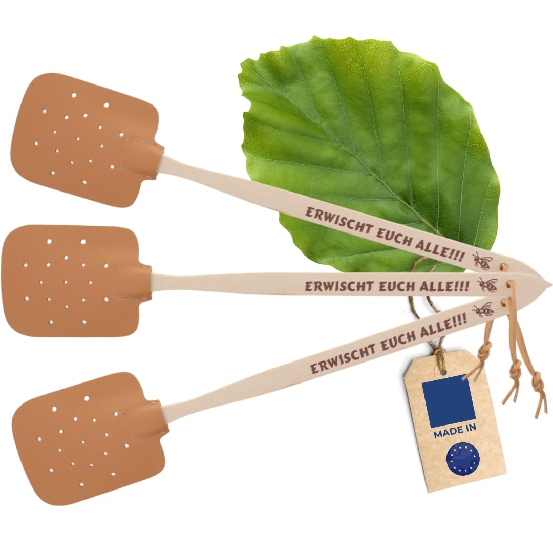 HOFMEISTER® Lot de 3 tapettes à mouches en bois de hêtre et cuir - En Europe - Avec inscription en allemand : « Erwish you all » - Raquette pratique pour attraper les insectes - 47,5 cm